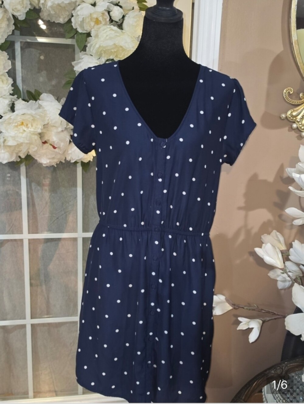 Classic Navy Polka Dot Button-Front Dress - Picture 7 of 7